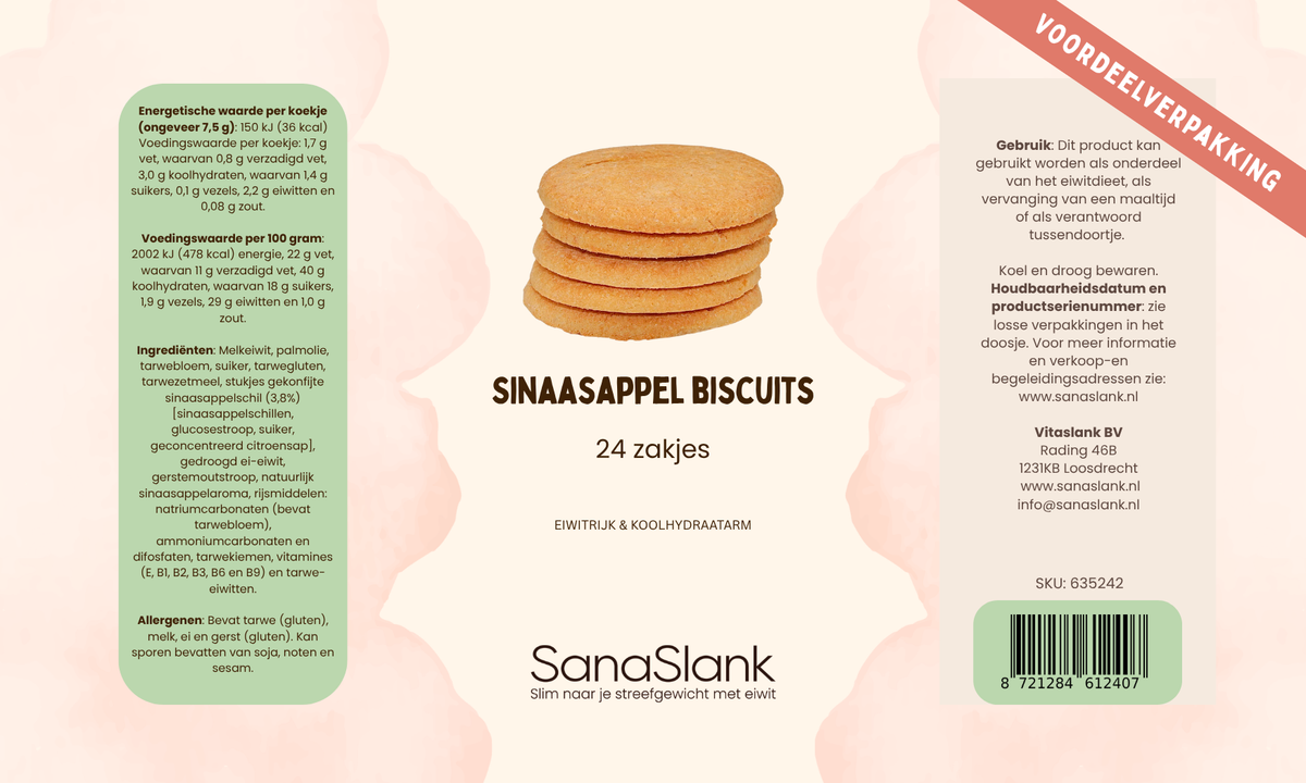 SanaSlank Sinaasappel Biscuits XXL – Eiwitrijk, Verrijkt met Vitamines & Low Carb (24 zakjes)