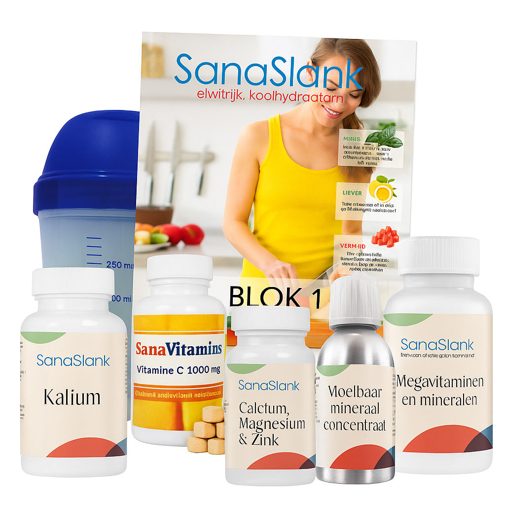 Startpakket Sanaslank Blok 1 – Week 1 | Compleet afslankpakket met supplementen en shaker en boek